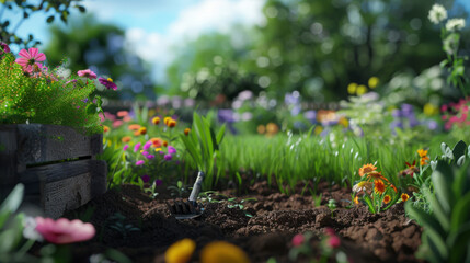 Canvas Print - Gardening fork and vibrant flowers in a sunlit garden with rich soil.