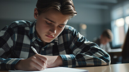 Wall Mural - A young male student with glasses engrossed in writing during a classroom exam.