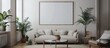 Sleek and vintage home interior featuring a white mock-up frame, stylish sofa, furniture, antique cupboard with chic decor, plants, and a coffee table. Comfy decor with a minimalist design.
