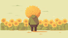 A person blending into a field of sunflowers wearing a costume that mimics the petals and stalks cartoon minimal cute flat design