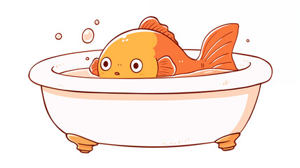 Wall Mural - Hand drawn cartoon illustration of cute goldfish in bathtub
