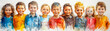Watercolor illustration group of happy smiling children of different nationalities standing in an embrace. 