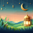 Flat paper style Ramadan Mubarak Greeting Card with Gold Lantern and Grass Field Painting