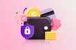Cashback and money refund illustration concept. Wallet, dollar bill and coin stack, online payment on pink peach background. 3d Vector illustration