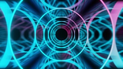 Wall Mural - abstract background 3d animation moving through shiny glass metal and neon lights tunnel, loop.