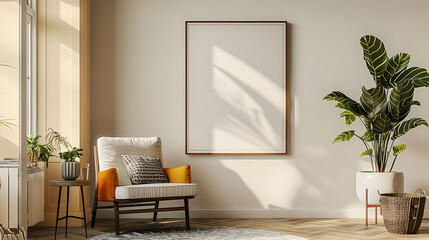 Poster - Living room interior with blank poster frame mockup.