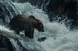 Majestic bear fishing in a torrential river. Wildlife in action captured in natural habitat. Cool tones convey serene wilderness. Generative AI