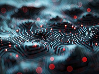 Abstract digital landscape with vibrant red accents. Futuristic technology theme. Visual representation of data. Artistic background. Generative AI