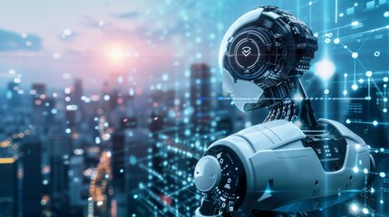 Poster - An abstract modern city background with robots performing automated processes.