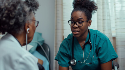 Canvas Print - A nurse in scrubs listens intently to an older patient during a medical consultation.