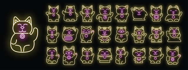 Wall Mural - Lucky cat icons set outline vector. Asian animal. Good luck neon color on black