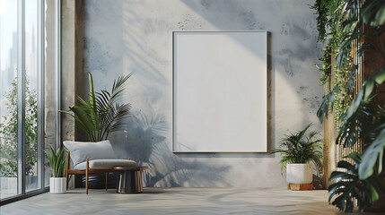 Poster - Living room interior with blank poster frame mockup