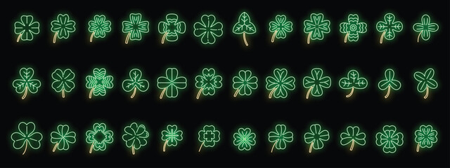 Sticker - Clover icons set outline vector. Leaf celebration. Celtic nature neon color on black