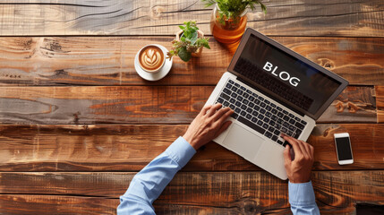 Wall Mural - A laptop with the word 'BLOG' on the screen is placed on a desk surrounded by stationery and plants.