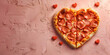 Pizza with a red background and a heart shape Valentines Day passionate love concept, Heart-Shaped Pizza on Red Background: Valentine's Day Love Concept
