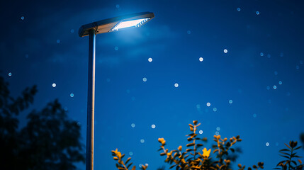 Close-up of an energy-efficient LED streetlight powered by solar energy, urban sustainability. Generative AI illustration 