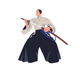 Iaido fighter. Japanese iai wrestler standing in attacking pose, posture with sword. Traditional Japan fighting, wrestling sport, martial art. Flat vector illustration isolated on white background