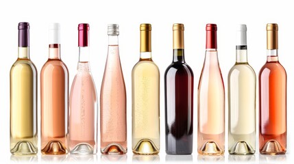 Wall Mural - A set of white, rose, and red wine bottles and glases on a white background.