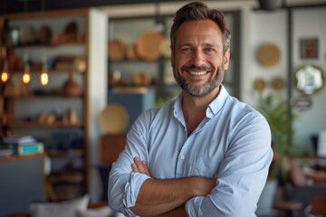 Portrait of happy businessman with arms crossed standing in office, Generative AI