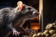 Rat gnawing on food scraps in a dimly lit corner, illustrating the urgency of rat control interventions. The background is neutral for legible text overlay