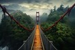Suspension bridge enveloped in mist over a forest, Generated AI.