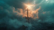 Holy cross symbolizing the death and resurrection of Jesus Christ with the sky over Golgotha Hill shrouded in light and clouds, depicting an apocalyptic concept.