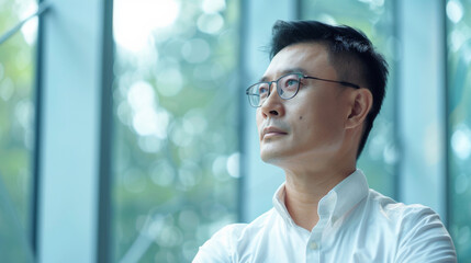 Wall Mural - Handsome 45 years old gentle Chinese Han man, wearing glasses, formal slick hairstyle, smooth face in a modern office building, wearing white shirt, beside a huge window