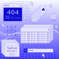 Vaporwave Retro Desktop Artwork. 404 Error Illustration. 90s Computer Interface Vector Design.