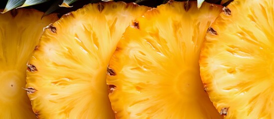 Canvas Print - A close up of fawncolored pineapple slices on a wooden dish, showcasing the natural beauty of this terrestrial plant ingredient in cuisine