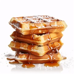 Wall Mural - A stack of fluffy waffles with syrup and powdered sugar on a white backdrop