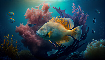 Abstract sea life fish aquarium. Portrait of swimming fish, close-up. Underwater world, tropical sea life. Generative AI