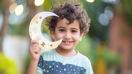 A young boy joyfully holding a paper crescent moon with his hand painted wishes for a happy and prosperous Ramadan.