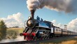 Historical steam locomotive in motion, its blue and black facade contrasting beautifully with the soft rural scenery. AI generation