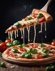 Wall Mural - A tantalizing slice of cheese pizza lifted high, strings of melted cheese and fresh basil leaves visible, embodying Italian cuisine AI generation