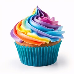 Wall Mural - A colorful rainbow cupcake with frosting swirls on a clean white surface
