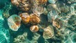 Seashells and coral underwater with sunlit ripples. Generated AI.