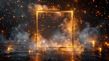 Poster - The modern illustration is isolated on a background of black transparent background. It has a golden frame with lights effects. This is a shining rectangle banner.
