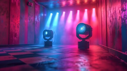 Poster - A realistic modern bright projector isolated on a plaid backdrop illustrating a scene of lights. Background of colorful stage lights. Graphics for a carnival background. Modern EPS10.