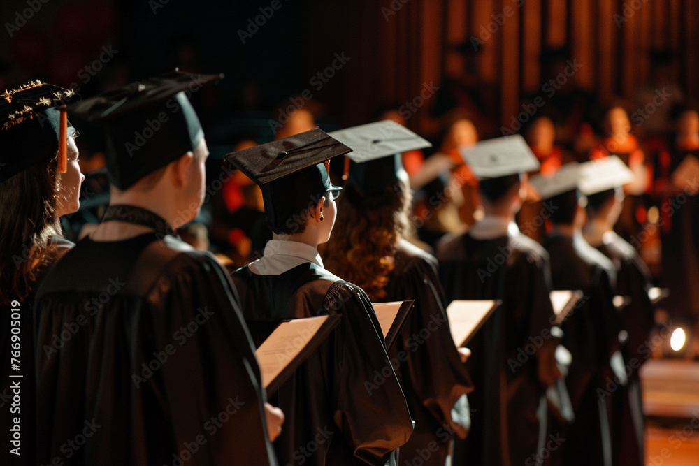 Graduation ceremony. Graduates in caps and gowns stand proudly on stage ...