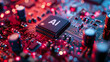 © Prasanth - ai, the term artificial intelligence, is printed on a circuit board with an image of the letter 'Ai', captioned 'Ai', in the style of light red and indigo, luminous color palette, light gold and azure