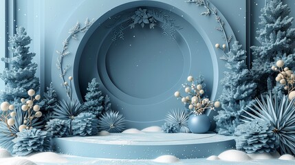 Fototapete - This podium is designed in a round stage style for Merry Christmas, Happy New Year, festivals and greeting festivals with blue paper cut art and craft on a colorful background, surrounded by festive