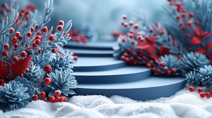 Fototapete - Merry Christmas and Happy New Year podium round stage style with blue paper cut art and craft on a colorful background with festive elements....