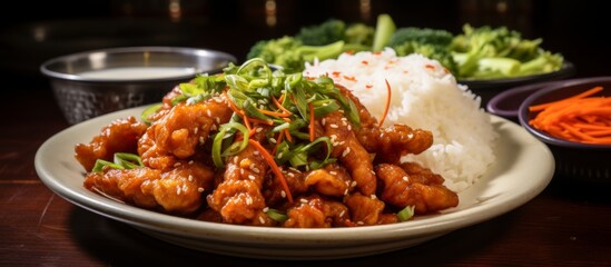 Wall Mural - A dish of rice and vegetables prepared with fresh produce and cooked to perfection, served on a table with tableware, highlighting the delicious flavors of this cuisine