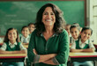 © Maxim Chuev - Smiling portrait of a middle aged latin american woman with students kids in elementary school teacher teaching a class.  female with arms crossed. folded hands, classroom with blackboard background