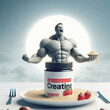 muscular figure emerging dynamically from a bottle of creatine, symbolizing the explosive increase in energy and strength that this supplement can provide