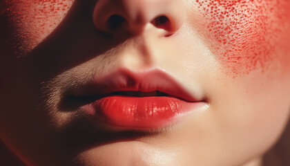 Wall Mural - A woman's face with red lipstick and red dots on her face