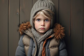 Wall Mural - Portrait of a little boy in a warm winter coat and hat.