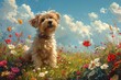 Dog amidst colorful flowers under a blue sky with clouds. Generated AI.