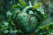 Fantasy heart-shaped fruit with roots in the rain, Generated AI.