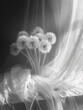 Black and white image of dandelions against draped fabric, Generated AI.